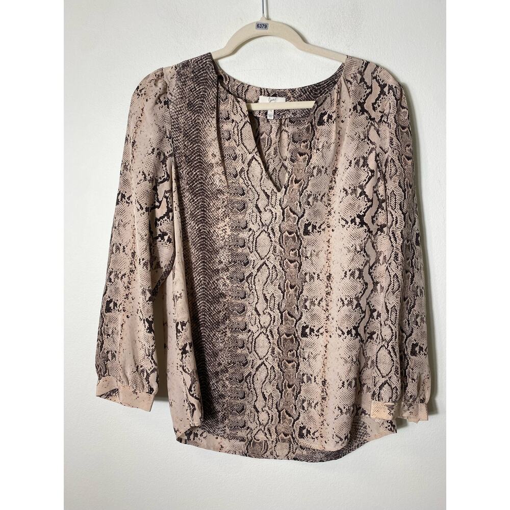 Joie Tan Snakeprint Long Sleeve V-Neck Silk Blouse Sz S